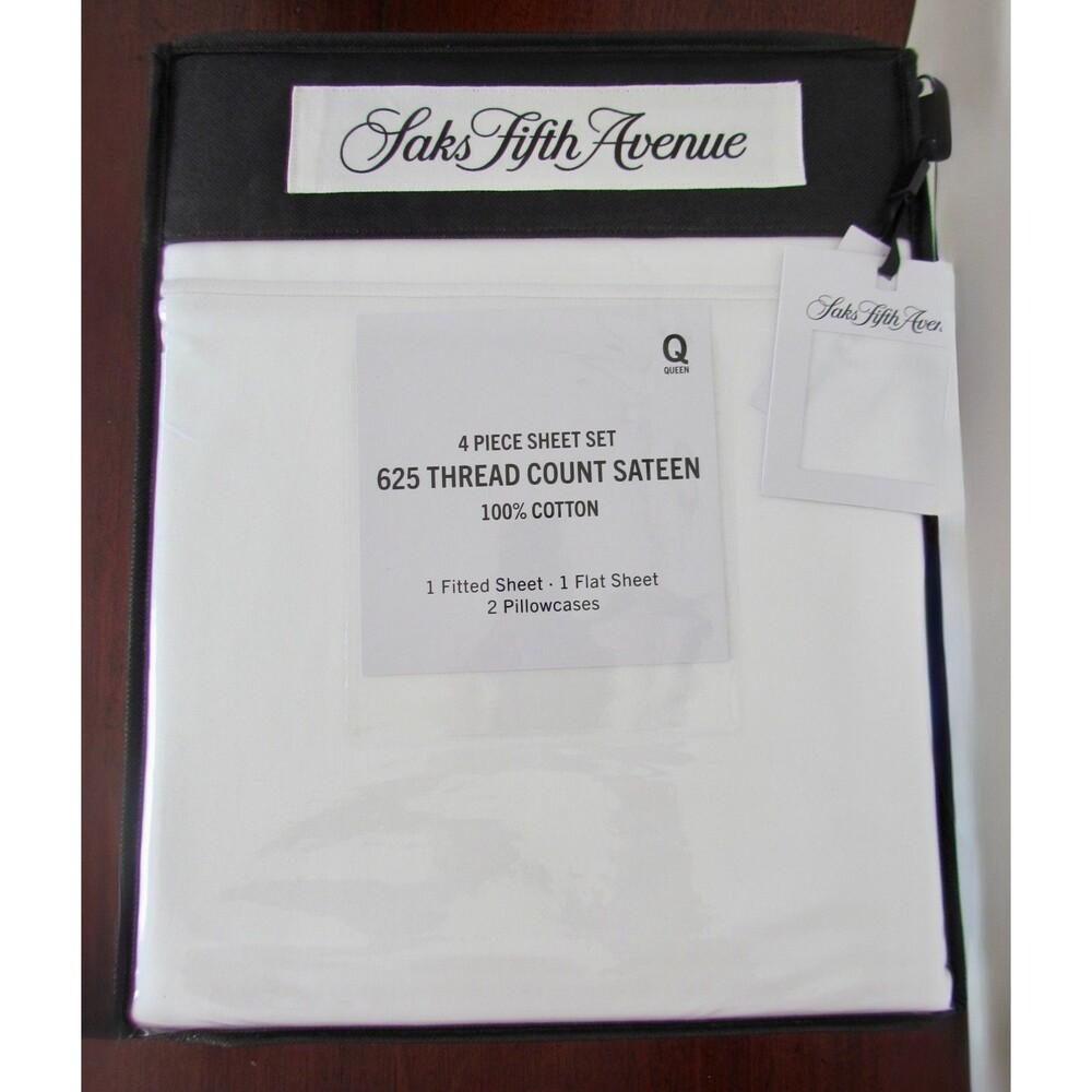 Saks Fifth Avenue Queen 100% Cotton Sateen Sheet Set White 625 TC New